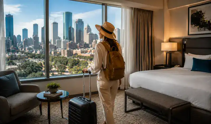 First-time visitor enjoying a modern Houston hotel with skyline views, comfortable accommodations, and easy city access.